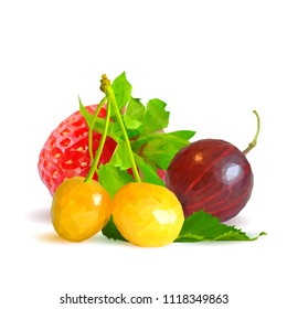 Fresh, nutritious and tasty berry mix. A mixture of berries. Symbols of berries. Elements for label design. Vector illustration. Berries ingredients in triangulation technique. Berry mix low poly.