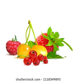 Fresh, nutritious and tasty berry mix. A mixture of berries. Symbols of berries. Elements for label design. Vector illustration. Berries ingredients in triangulation technique. Berry mix low poly.