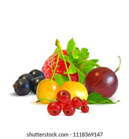 Fresh, nutritious and tasty berry mix. A mixture of berries. Symbols of berries. Elements for label design. Vector illustration. Berries ingredients in triangulation technique. Berry mix low poly.