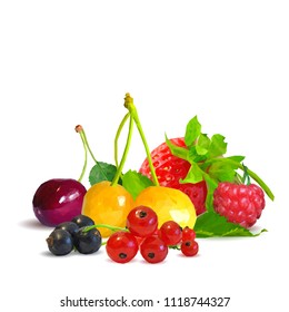 Fresh, nutritious and tasty berry mix. A mixture of berries. Symbols of berries. Elements for label design. Vector illustration. Berries ingredients in triangulation technique. Berry mix low poly.