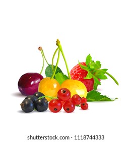 Fresh, nutritious and tasty berry mix. A mixture of berries. Symbols of berries. Elements for label design. Vector illustration. Berries ingredients in triangulation technique. Berry mix low poly.
