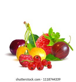 Fresh, nutritious and tasty berry mix. A mixture of berries. Symbols of berries. Elements for label design. Vector illustration. Berries ingredients in triangulation technique. Berry mix low poly.