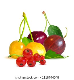 Fresh, nutritious and tasty berry mix. A mixture of berries. Symbols of berries. Elements for label design. Vector illustration. Berries ingredients in triangulation technique. Berry mix low poly.