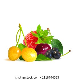 Fresh, nutritious and tasty berry mix. A mixture of berries. Symbols of berries. Elements for label design. Vector illustration. Berries ingredients in triangulation technique. Berry mix low poly.