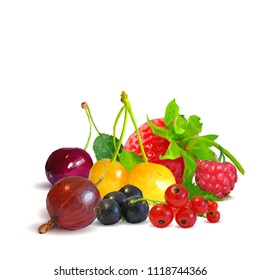 Fresh, nutritious and tasty berry mix. A mixture of berries. Symbols of berries. Elements for label design. Vector illustration. Berries ingredients in triangulation technique. Berry mix low poly.