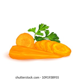 Fresh, nutritious, tasty Carrot with parsley. Delicious and healthy lunch. Vector illustration. Vegetables ingredients in triangulation technique. Carrot with parsley low poly. Cutting vegetable. 