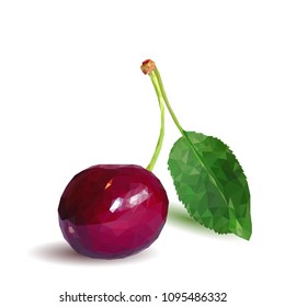Fresh, nutritious and tasty cherries. Symbols of berries. Elements for label design. Vector illustration. Berries ingredients in triangulation technique. Cherries low poly.