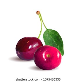 Fresh, nutritious and tasty cherries. Symbols of berries. Elements for label design. Vector illustration. Berries ingredients in triangulation technique. Cherries low poly.