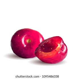 Fresh, nutritious and tasty cherries. Symbols of berries. Elements for label design. Vector illustration. Berries ingredients in triangulation technique. Cherries low poly.