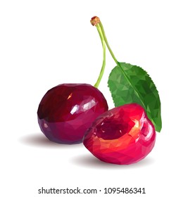 Fresh, nutritious and tasty cherries. Symbols of berries. Elements for label design. Vector illustration. Berries ingredients in triangulation technique. Cherries low poly.
