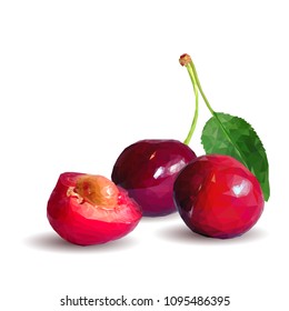 Fresh, nutritious and tasty cherries. Symbols of berries. Elements for label design. Vector illustration. Berries ingredients in triangulation technique. Cherries low poly.