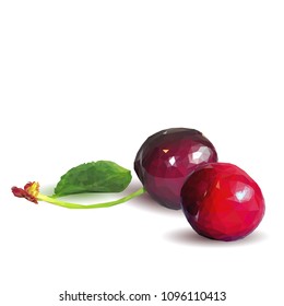 Fresh, nutritious and tasty cherries. Symbols of berries. Elements for label design. Vector illustration. Berries ingredients in triangulation technique. Cherries low poly.
