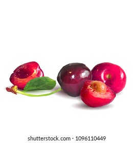 Fresh, nutritious and tasty cherries. Symbols of berries. Elements for label design. Vector illustration. Berries ingredients in triangulation technique. Cherries low poly.