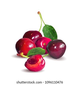 Fresh, nutritious and tasty cherries. Symbols of berries. Elements for label design. Vector illustration. Berries ingredients in triangulation technique. Cherries low poly.