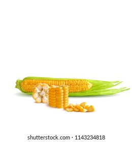 Fresh, nutritious, tasty corn. Elements for label design. Vector illustration. Ingredients in triangulation technique. Corn low poly.