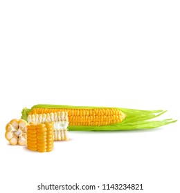 Fresh, nutritious, tasty corn. Elements for label design. Vector illustration. Ingredients in triangulation technique. Corn low poly.