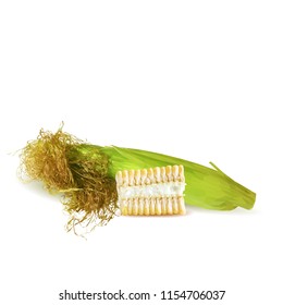 Fresh, nutritious, tasty corn. Elements for label design. Vector illustration. Ingredients in triangulation technique. Corn low poly.