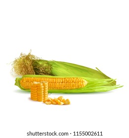 Fresh, nutritious, tasty corn. Elements for label design. Vector illustration. Ingredients in triangulation technique. Corn low poly.