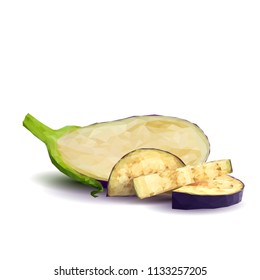 Fresh, nutritious, tasty eggplants. Delicious and healthy lunch. Vector illustration. Vegetables ingredients in triangulation technique. Eggplants low poly. Cutting vegetable. 