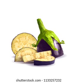 Fresh, nutritious, tasty eggplants. Delicious and healthy lunch. Vector illustration. Vegetables ingredients in triangulation technique. Eggplants low poly. Cutting vegetable. 