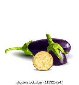 Fresh, nutritious, tasty eggplants. Delicious and healthy lunch. Vector illustration. Vegetables ingredients in triangulation technique. Eggplants low poly. Cutting vegetable. 