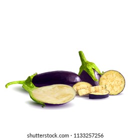 Fresh, nutritious, tasty eggplants. Delicious and healthy lunch. Vector illustration. Vegetables ingredients in triangulation technique. Eggplants low poly. Cutting vegetable. 