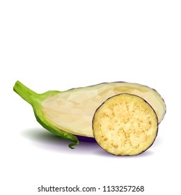 Fresh, nutritious, tasty eggplants. Delicious and healthy lunch. Vector illustration. Vegetables ingredients in triangulation technique. Eggplants low poly. Cutting vegetable. 