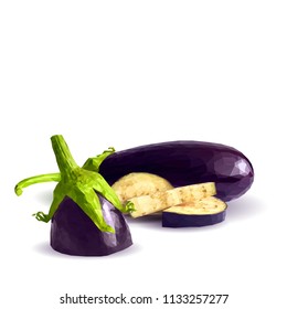 Fresh, nutritious, tasty eggplants. Delicious and healthy lunch. Vector illustration. Vegetables ingredients in triangulation technique. Eggplants low poly. Cutting vegetable. 