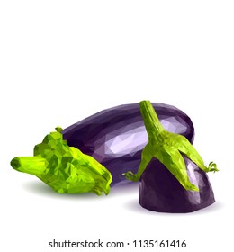 Fresh, nutritious, tasty eggplants. Delicious and healthy lunch. Vector illustration. Vegetables ingredients in triangulation technique. Eggplants low poly. Cutting vegetable. 