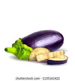 Fresh, nutritious, tasty eggplants. Delicious and healthy lunch. Vector illustration. Vegetables ingredients in triangulation technique. Eggplants low poly. Cutting vegetable. 