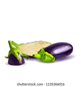 Fresh, nutritious, tasty eggplants. Delicious and healthy lunch. Vector illustration. Vegetables ingredients in triangulation technique. Eggplants low poly. Cutting vegetable. 