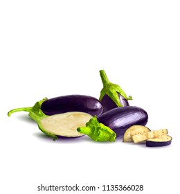 Fresh, nutritious, tasty eggplants. Delicious and healthy lunch. Vector illustration. Vegetables ingredients in triangulation technique. Eggplants low poly. Cutting vegetable. 