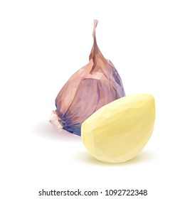 Fresh, nutritious, tasty garlic. Garlic sauce. Delicious seasoning. Vector illustration. Vegetables ingredients in triangulation technique. Garlic low poly.
