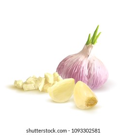 Fresh, nutritious, tasty garlic. Garlic sauce. Delicious seasoning. Vector illustration. Vegetables ingredients in triangulation technique. Garlic low poly.