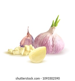 Fresh, nutritious, tasty garlic. Garlic sauce. Delicious seasoning. Vector illustration. Vegetables ingredients in triangulation technique. Garlic low poly.