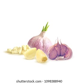 Fresh, nutritious, tasty garlic. Garlic sauce. Delicious seasoning. Vector illustration. Vegetables ingredients in triangulation technique. Garlic low poly.