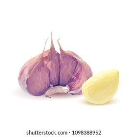Fresh, nutritious, tasty garlic. Garlic sauce. Delicious seasoning. Vector illustration. Vegetables ingredients in triangulation technique. Garlic low poly.
