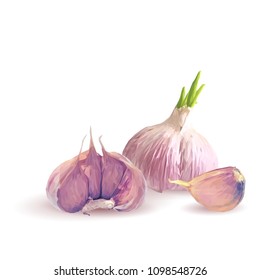 Fresh, nutritious, tasty garlic. Garlic sauce. Delicious seasoning. Vector illustration. Vegetables ingredients in triangulation technique. Garlic low poly.