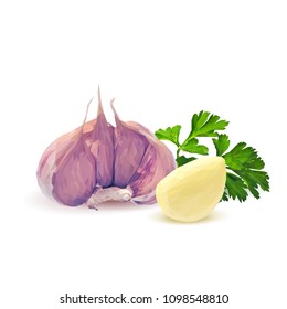 Fresh, nutritious, tasty garlic. Garlic sauce. Delicious seasoning. Vector illustration. Vegetables ingredients in triangulation technique. Garlic low poly.