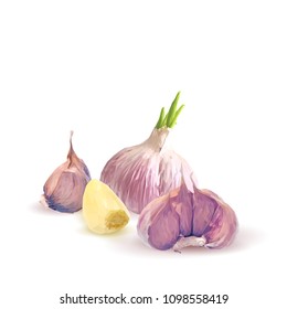 Fresh, nutritious, tasty garlic. Garlic sauce. Delicious seasoning. Vector illustration. Vegetables ingredients in triangulation technique. Garlic low poly.