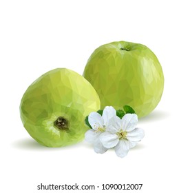 Fresh, nutritious and tasty green apples. Bloom of apples. Symbols of fruits. Elements for label design. Vector illustration. Fruits ingredients in triangulation technique. Apples low poly.