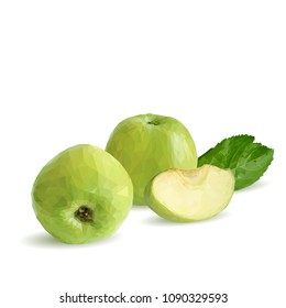 Fresh, nutritious and tasty green apples. Symbols of fruits. Elements for label design. Vector illustration. Fruits ingredients in triangulation technique. Apples low poly.