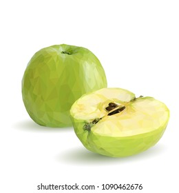 Fresh, nutritious and tasty green apples. Symbols of fruits. Elements for label design. Vector illustration. Fruits ingredients in triangulation technique. Apples low poly.