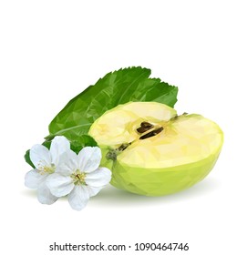 Fresh, nutritious and tasty green apples. Bloom of apples. Symbols of fruits. Elements for label design. Vector illustration. Fruits ingredients in triangulation technique. Apples low poly.
