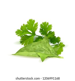 Fresh, nutritious, tasty green plant. Delicious seasoning. Spices. Vector illustration. Vegetables ingredients in triangulation technique. Green plant low poly.