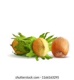 Fresh, nutritious, tasty hazelnut. Symbols of nuts. Elements for label design. Vector illustration. Nuts ingredients in triangulation technique. Hazelnut low poly.