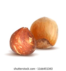 Fresh, nutritious, tasty hazelnut. Symbols of nuts. Elements for label design. Vector illustration. Nuts ingredients in triangulation technique. Hazelnut low poly.