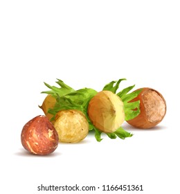 Fresh, nutritious, tasty hazelnut. Symbols of nuts. Elements for label design. Vector illustration. Nuts ingredients in triangulation technique. Hazelnut low poly.