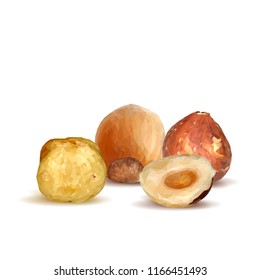 Fresh, nutritious, tasty hazelnut. Symbols of nuts. Elements for label design. Vector illustration. Nuts ingredients in triangulation technique. Hazelnut low poly.