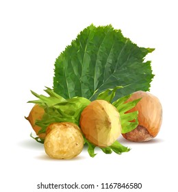 Fresh, nutritious, tasty hazelnut. Symbols of nuts. Elements for label design. Vector illustration. Nuts ingredients in triangulation technique. Hazelnut low poly.
